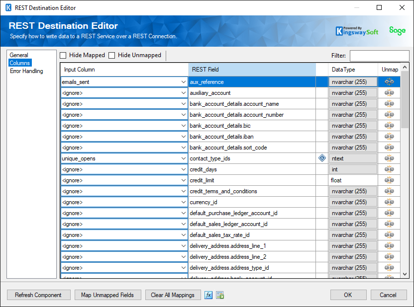 SSIS REST Sage Business Cloud Destination - Columns